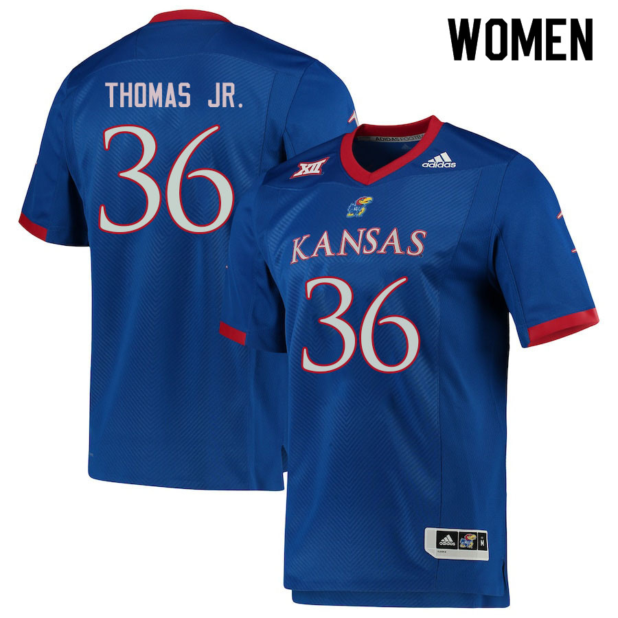 Women #36 DeAndre Thomas Jr. Kansas Jayhawks College Football Jerseys Sale-Royal - Click Image to Close
